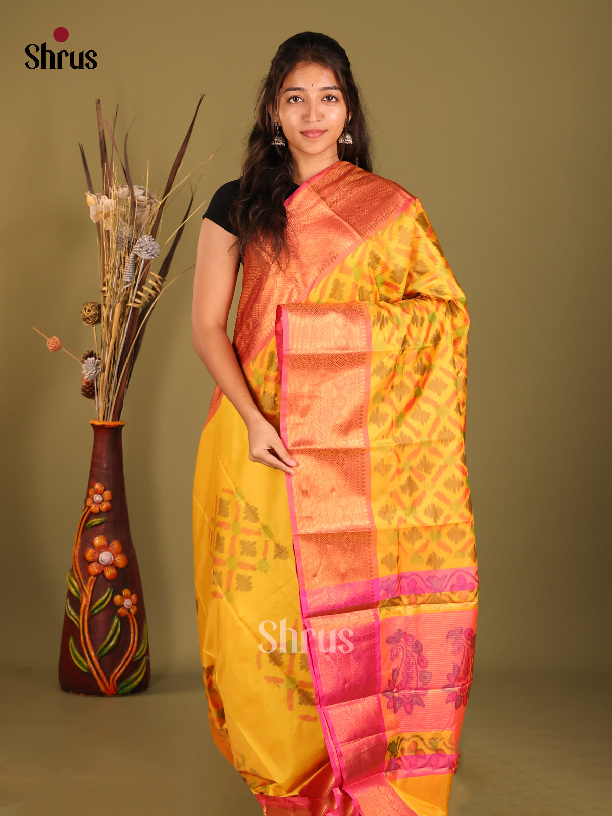 Yellow & Pink - Semi Pochampally Saree - Shop on Shrus.com