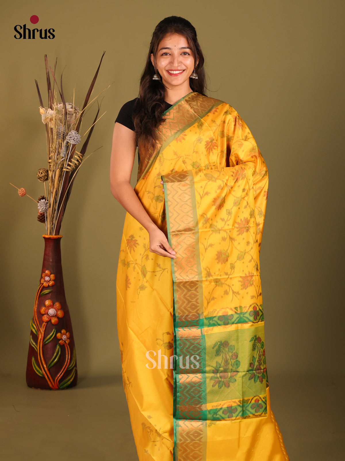 Yellow & Green - Semi Pochampally Saree - Shop on Shrus.com