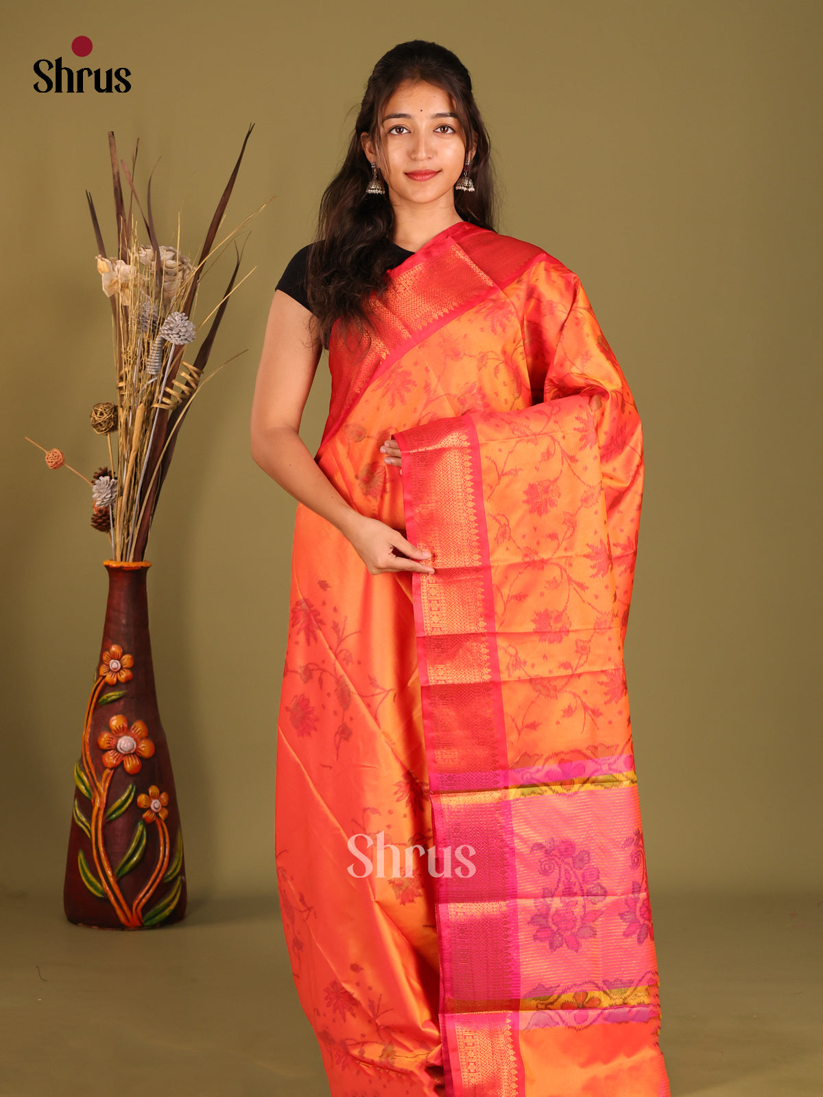 Orange & Pink- Semi Pochampally Saree - Shop on Shrus.com