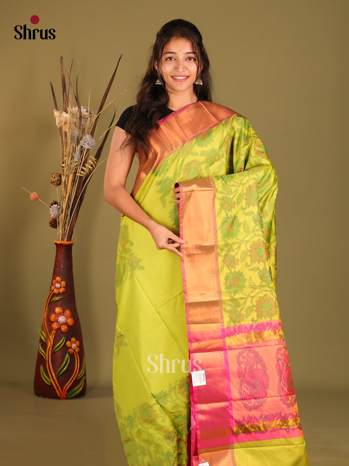 Green & Orange- Semi Pochampally Saree - Shop on Shrus.com