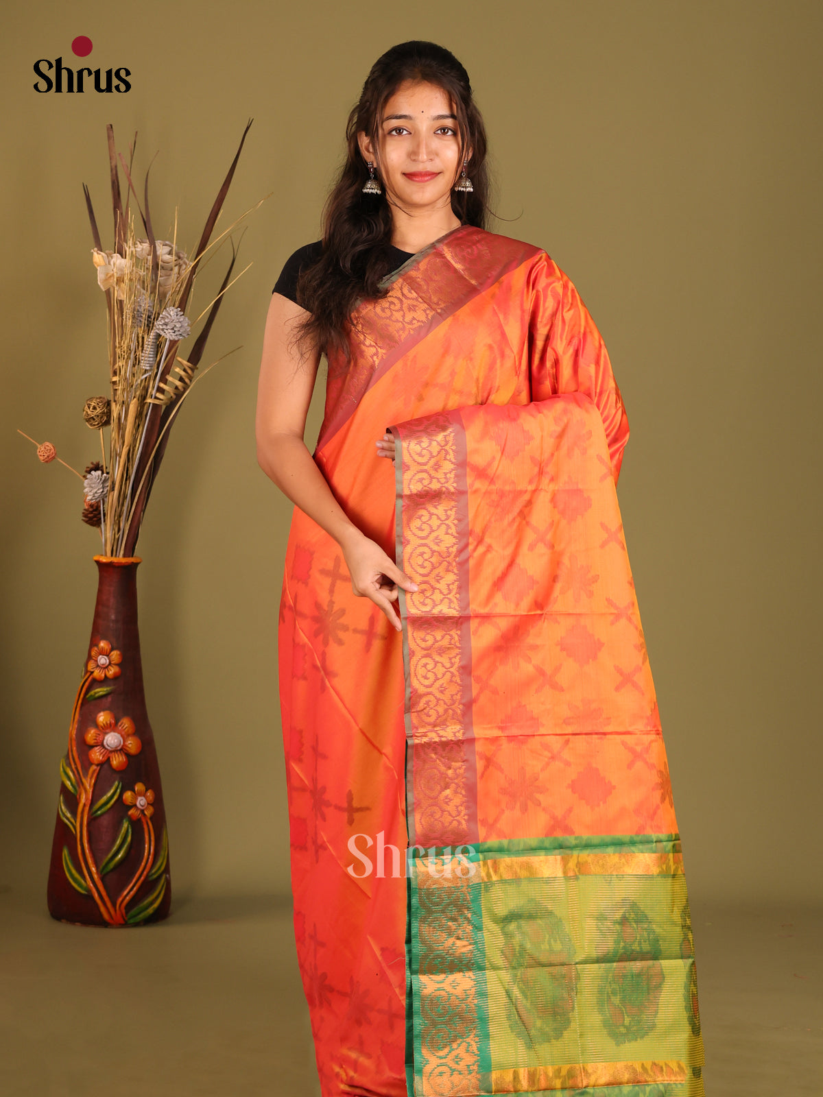 Orange & Green - Semi Pochampally Saree - Shop on Shrus.com