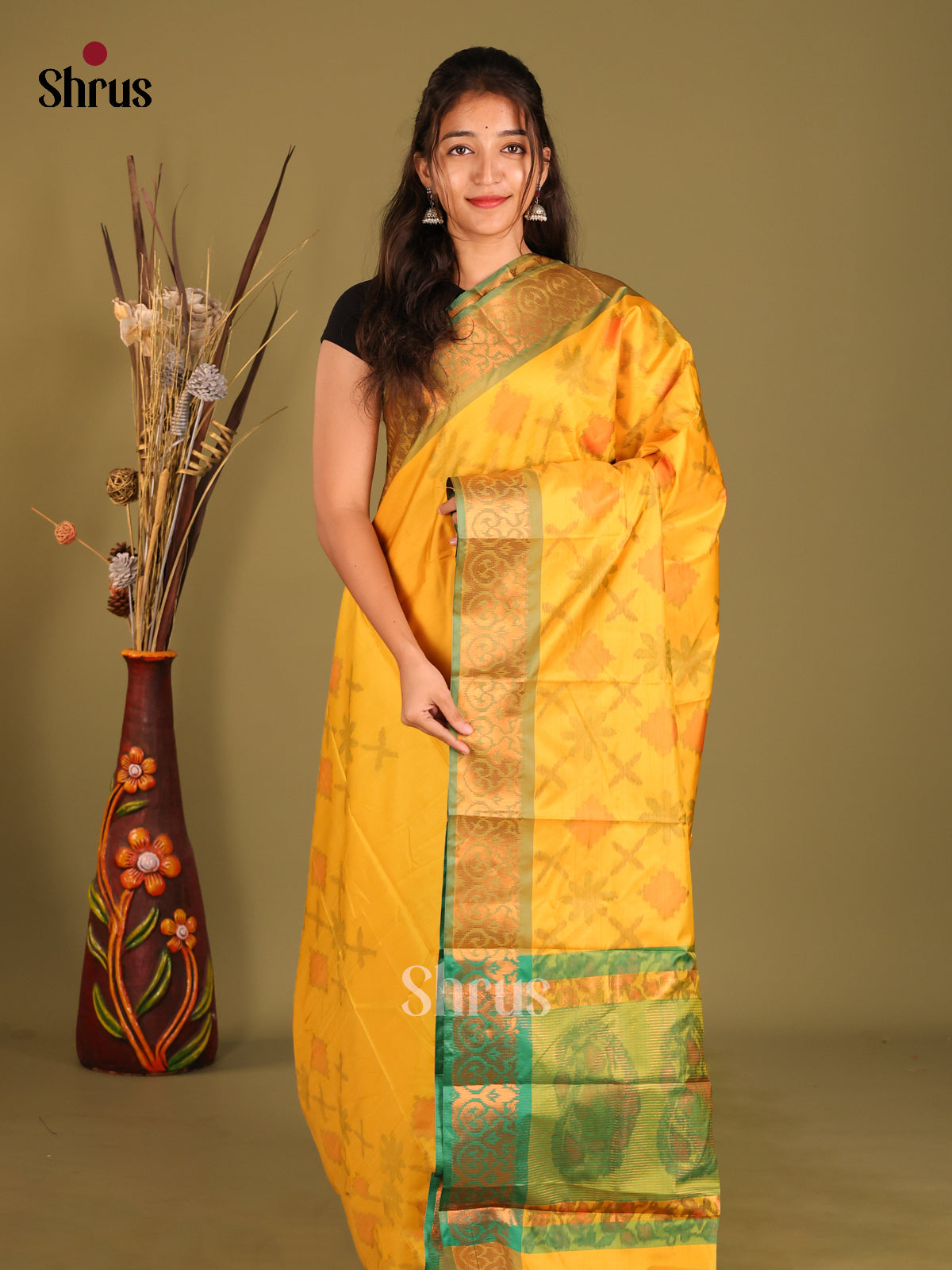 Yellow & Green - Semi Pochampally Saree - Shop on Shrus.com