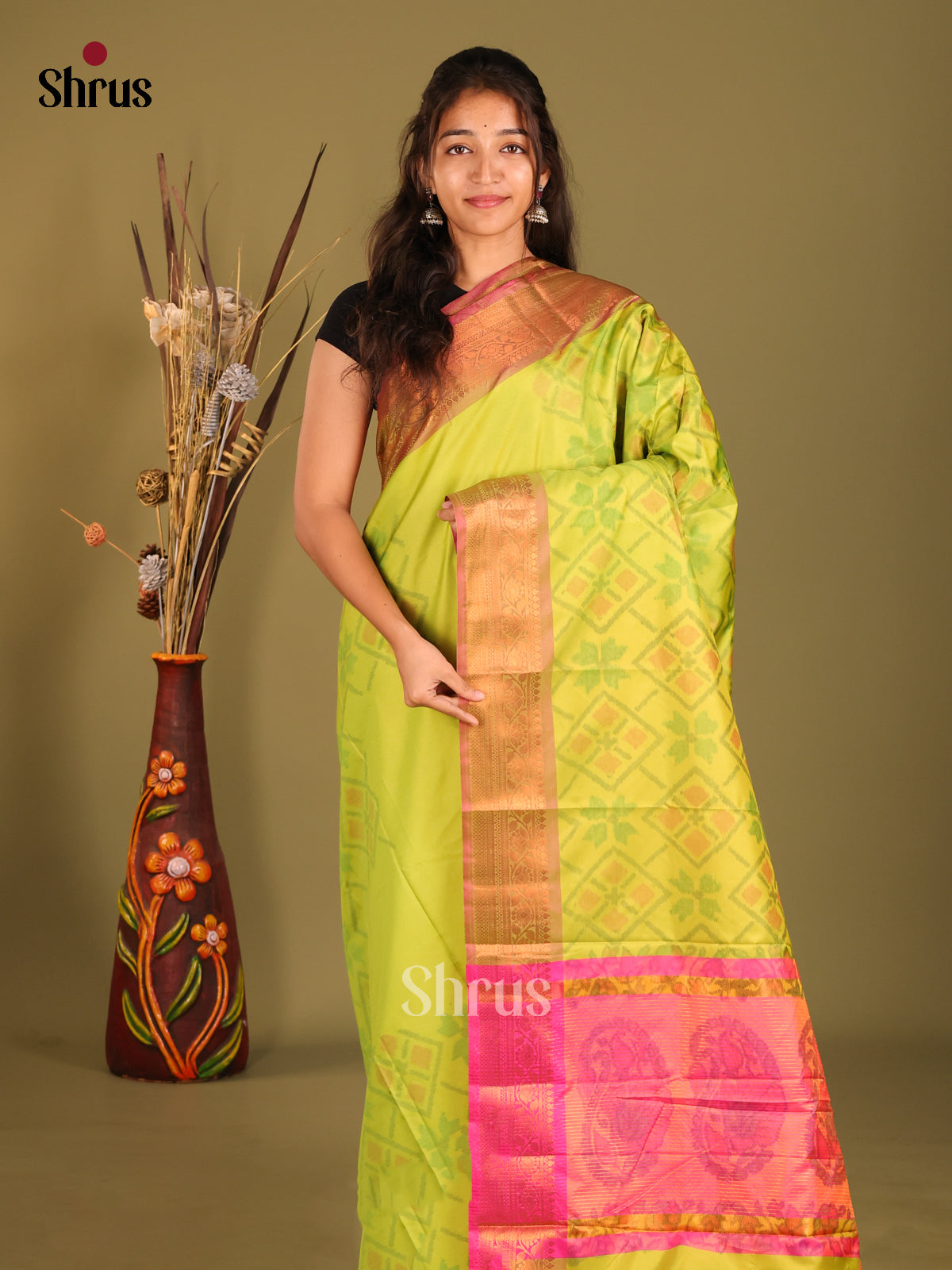 Green & Pink - Semi Pochampally Saree - Shop on Shrus.com