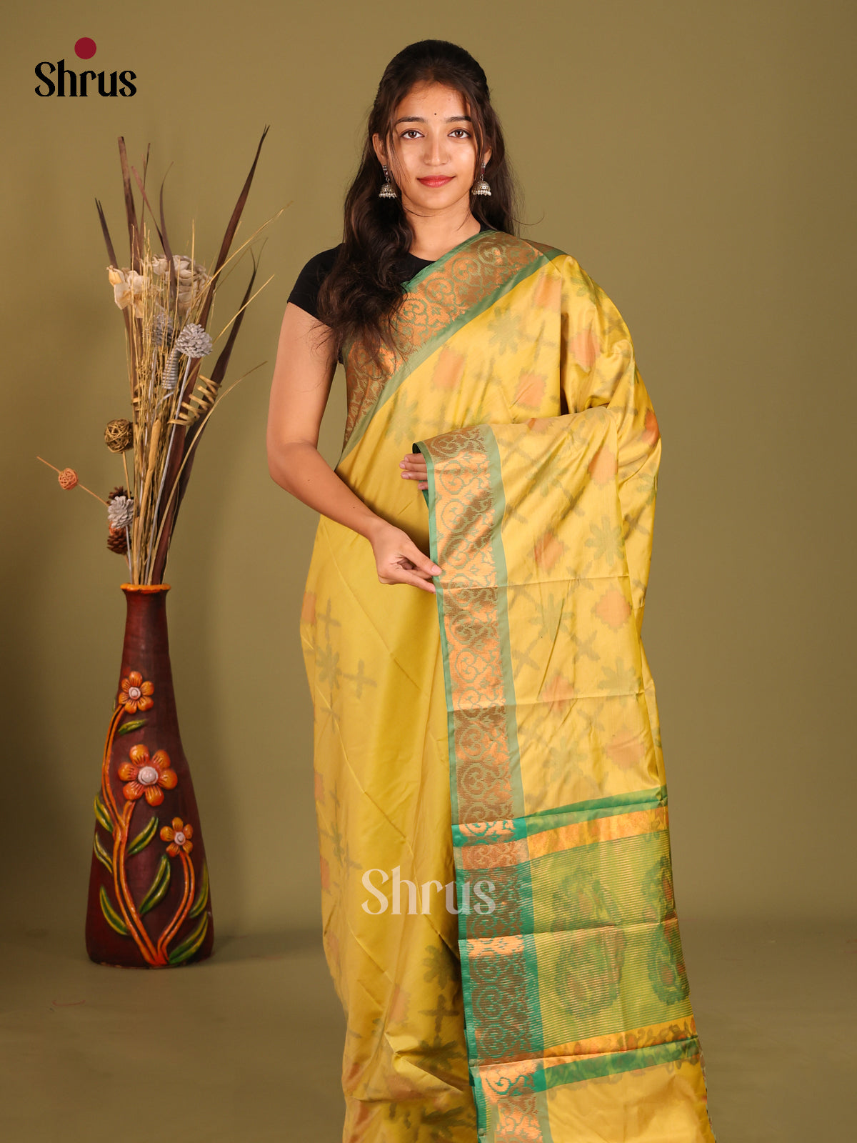 Yellow & Green - Semi Pochampally Saree - Shop on Shrus.com