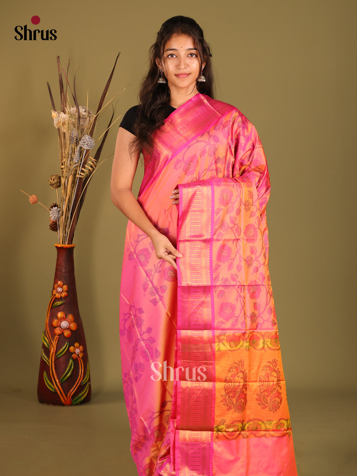 Pink & Orange - Semi Pochampally Saree - Shop on Shrus.com