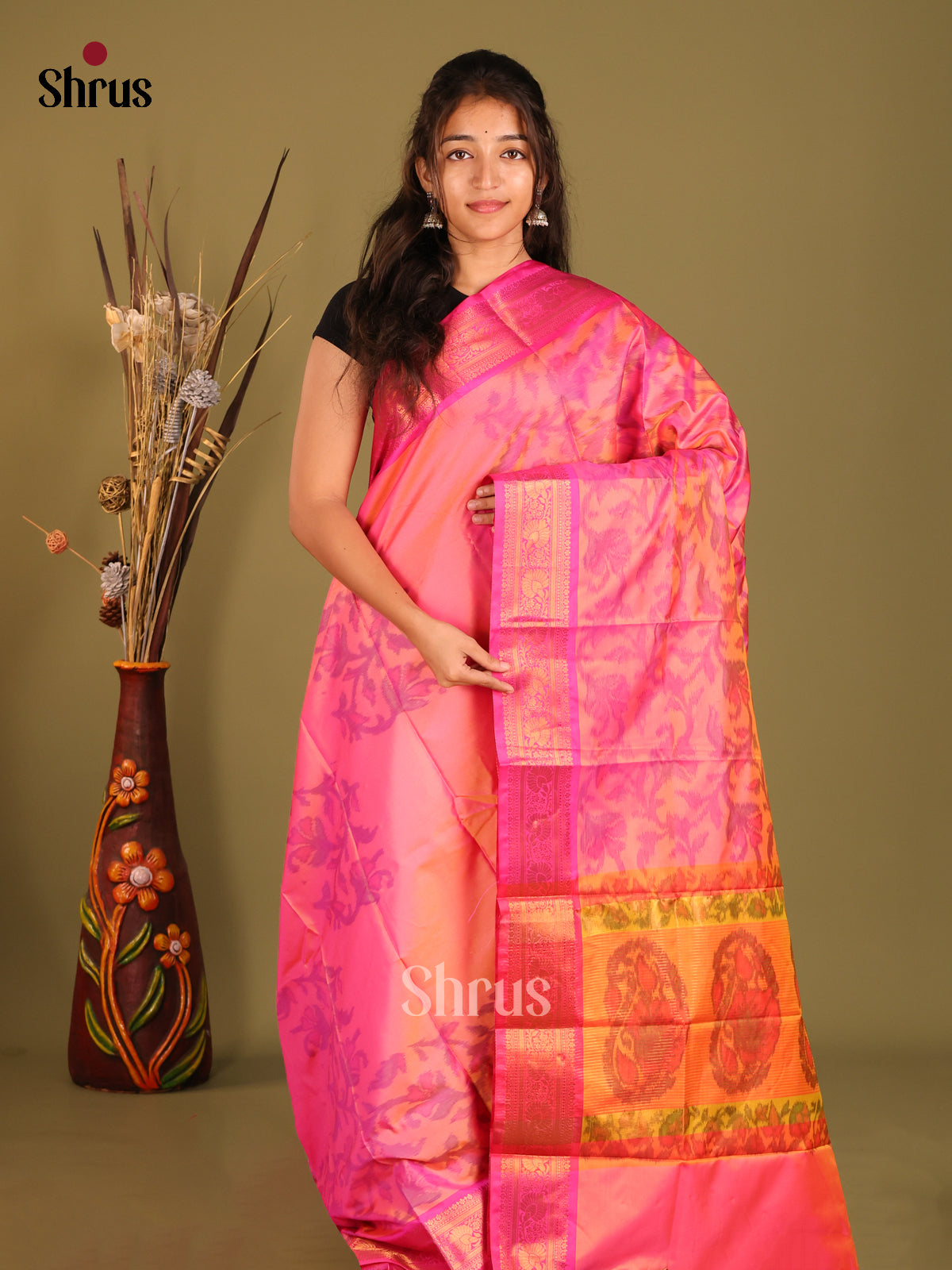 Pink & Orange - Semi Pochampally Saree - Shop on Shrus.com