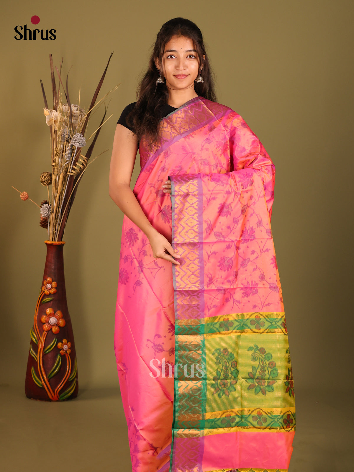 Pink & Green - Semi Pochampally Saree - Shop on Shrus.com