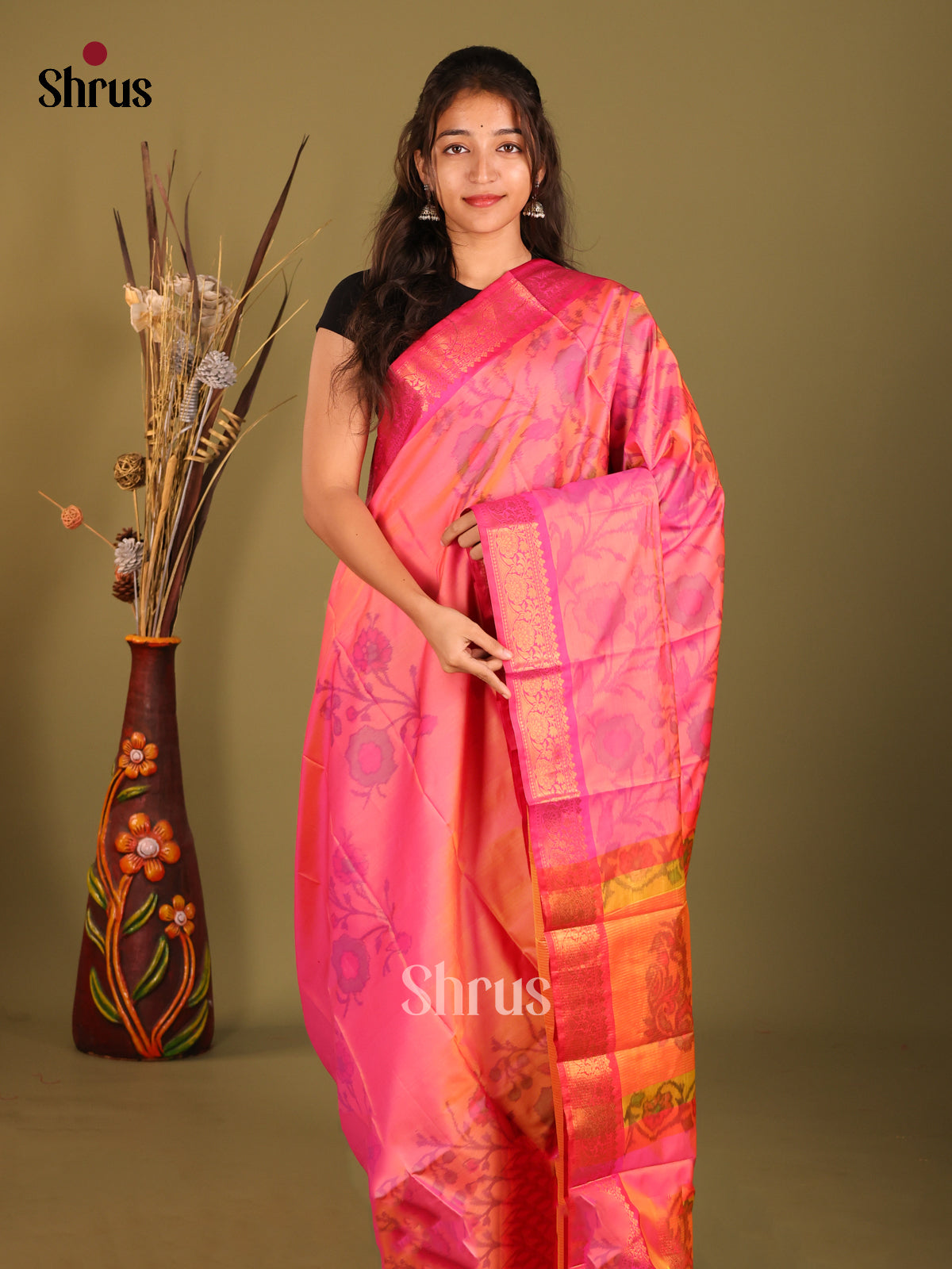 Pink & Orange- Semi Pochampally Saree - Shop on Shrus.com
