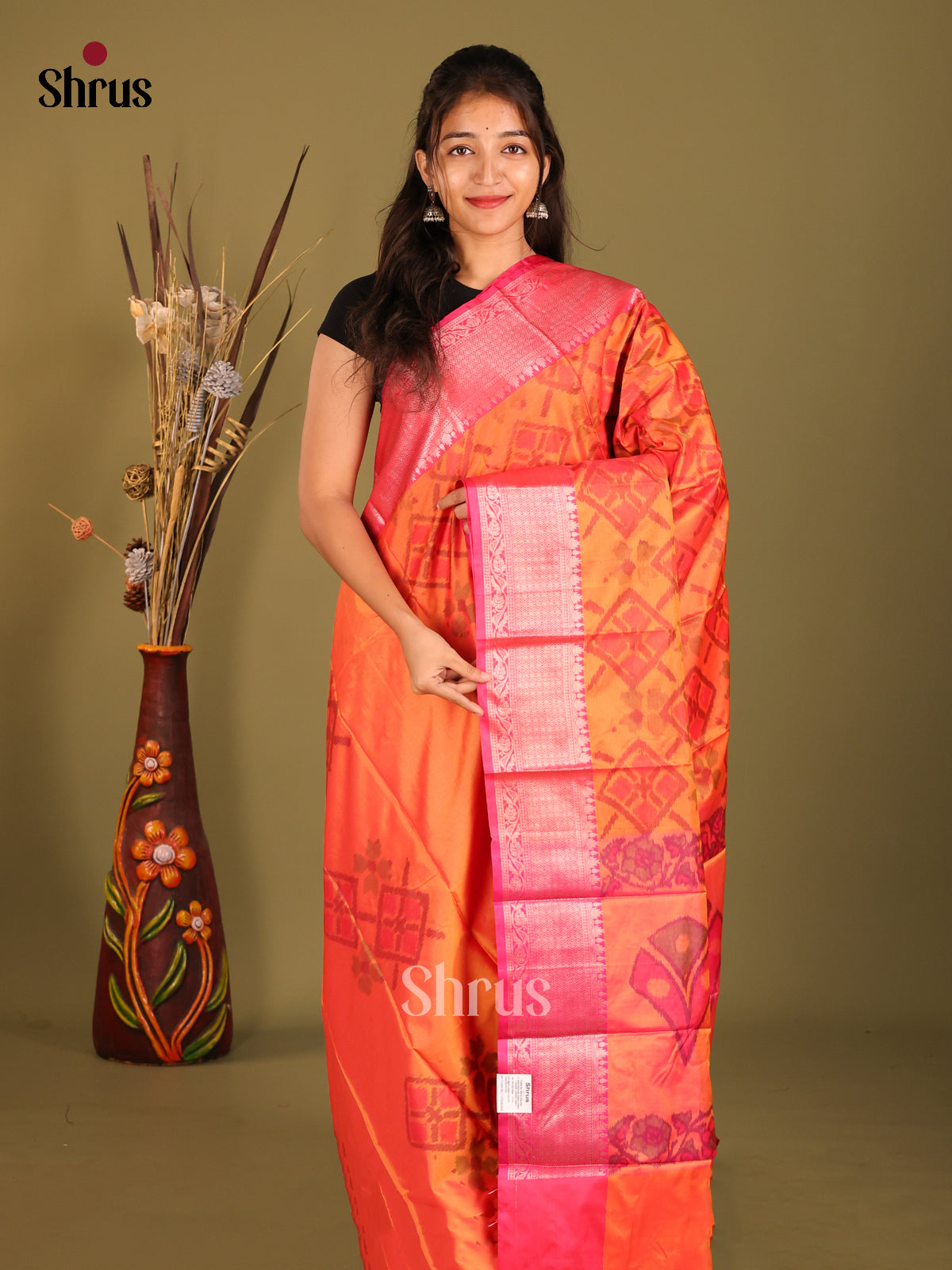 Orange & Pink - Semi Pochampally Saree - Shop on Shrus.com