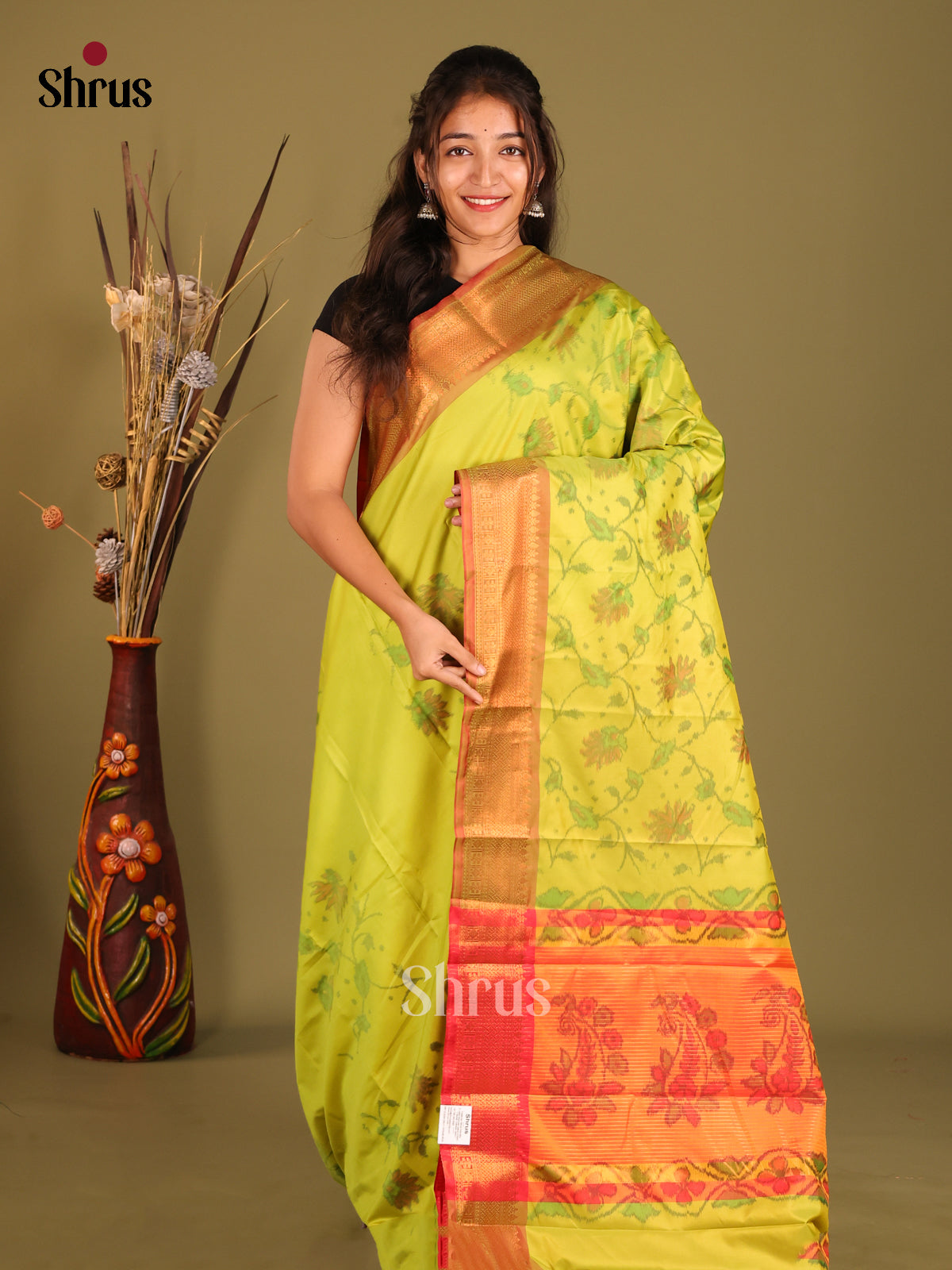 Light Green & Orange- Semi Pochampally Saree - Shop on Shrus.com