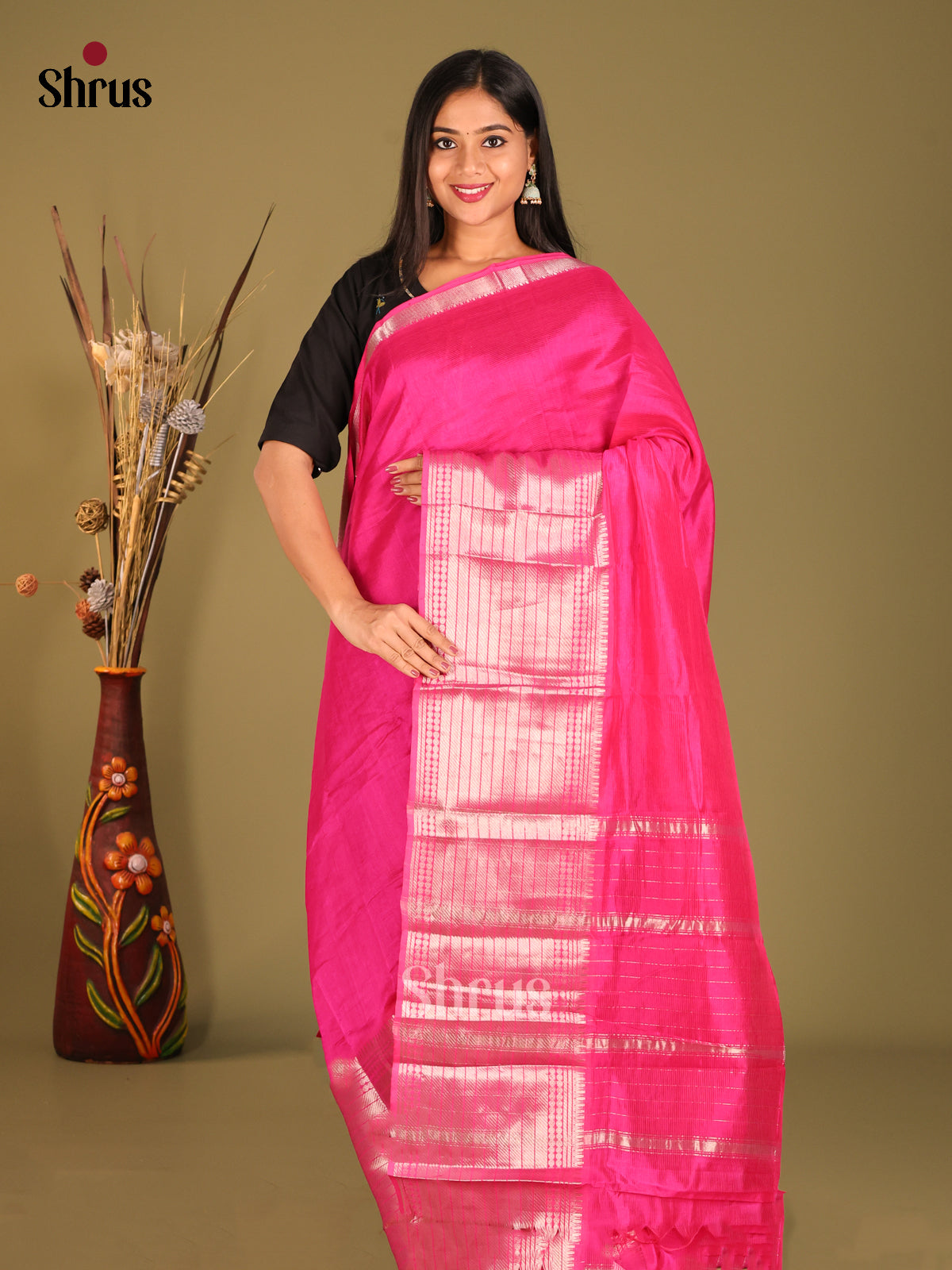 Pink single tone Mangalagiri silkcotton Saree with rich zari border