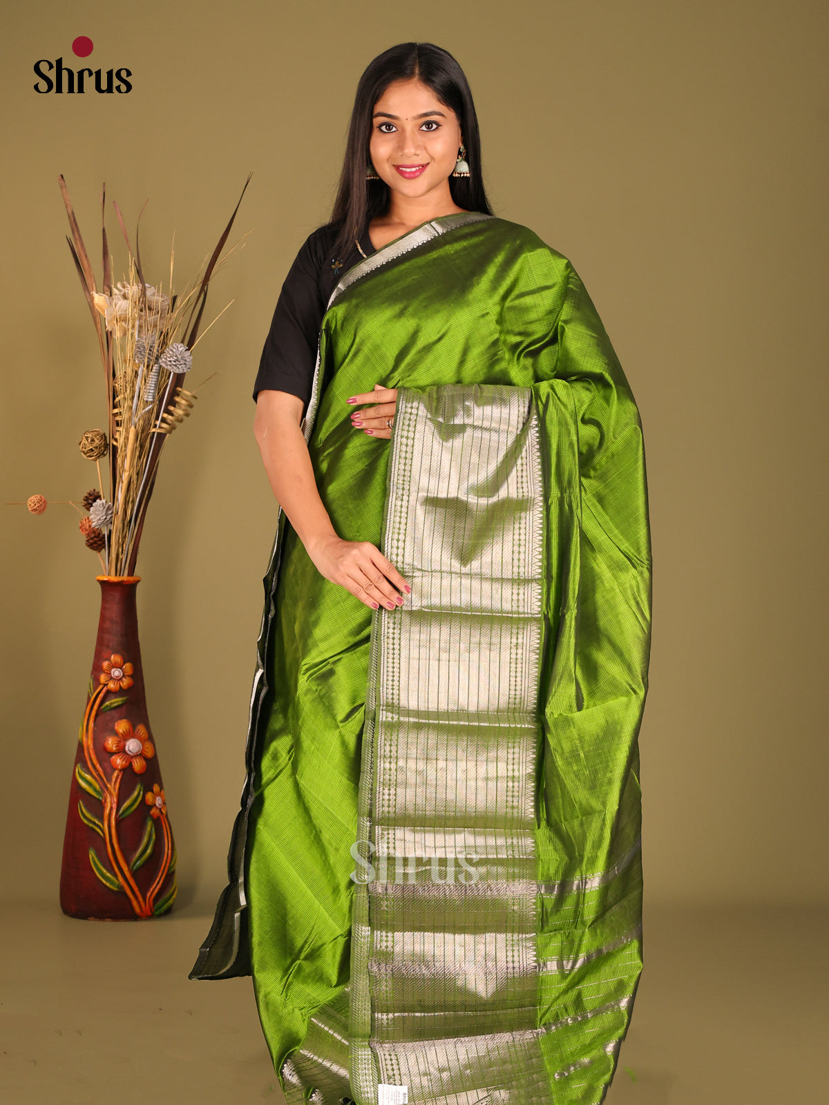 Mehandi Green single tone Mangalagiri silkcotton Saree with zari border