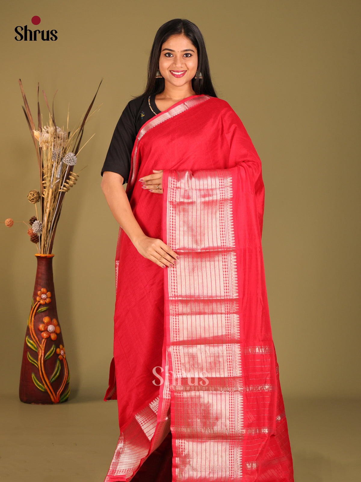Red Single Tone Mangalagiri silkcotton Saree with zari border