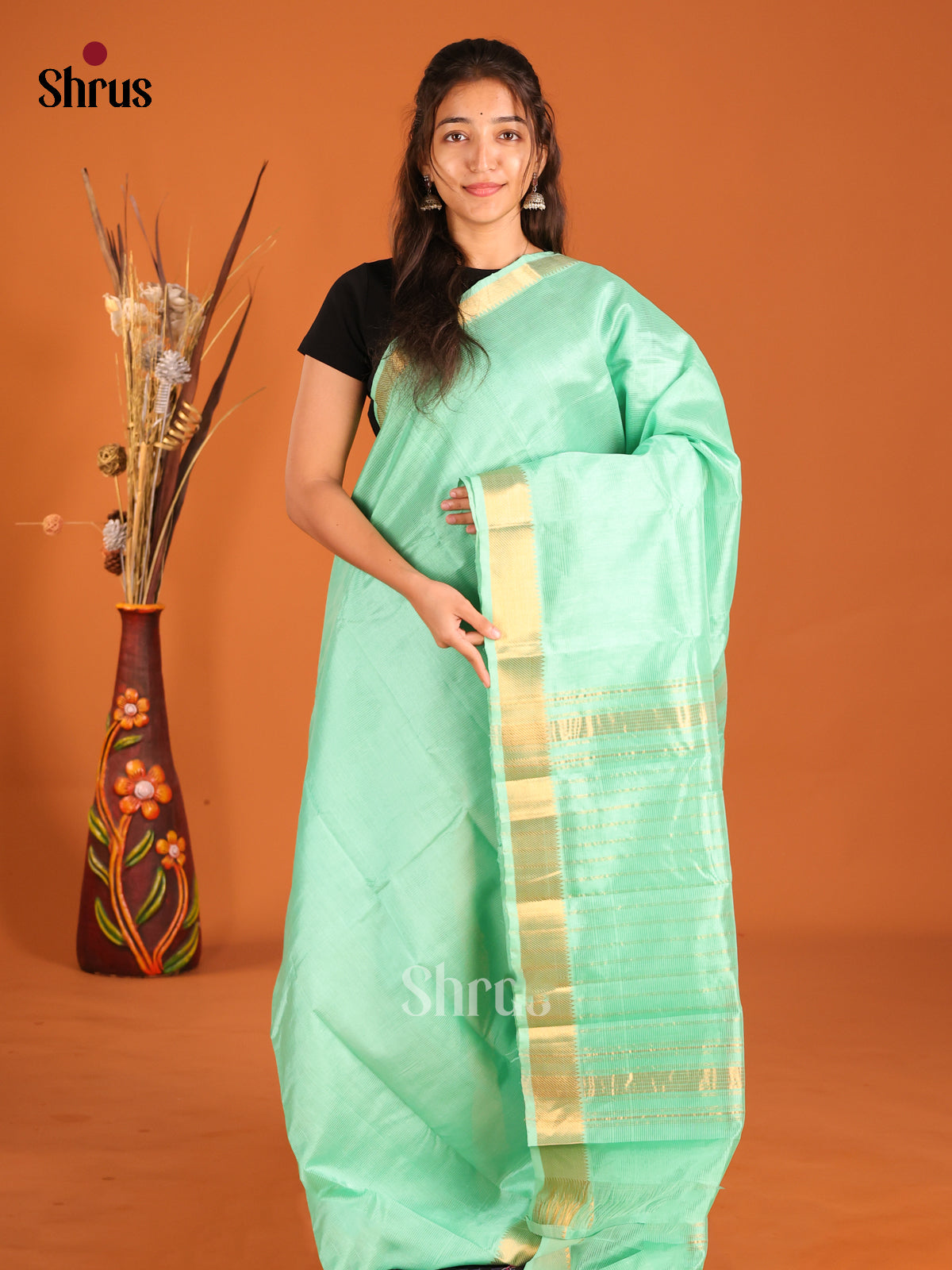 Pista Green single tone Mangalagiri silkcotton Saree with gold zari border