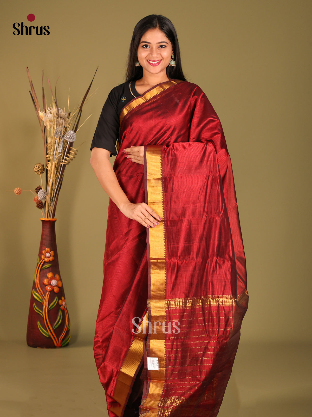 Maroon Single tone Mangalagiri silkcotton Saree with gold zari border