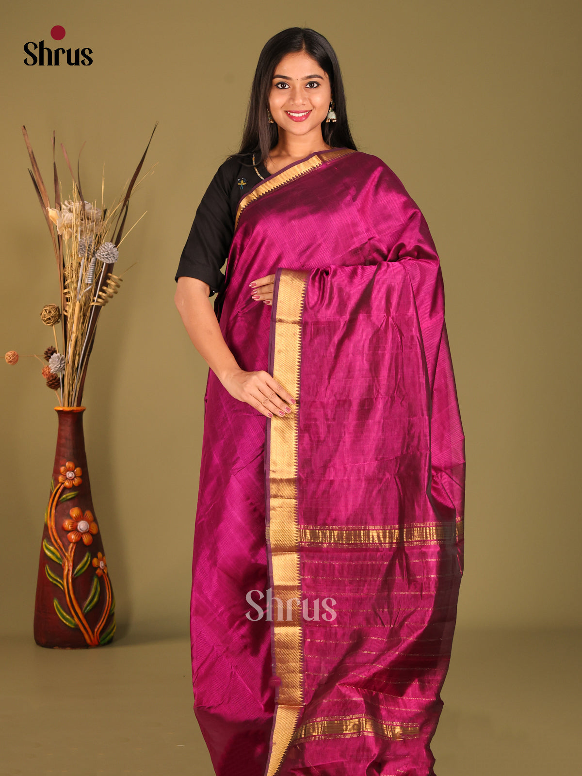 Purple Single Tone Mangalagiri silkcotton Saree with gold zari border