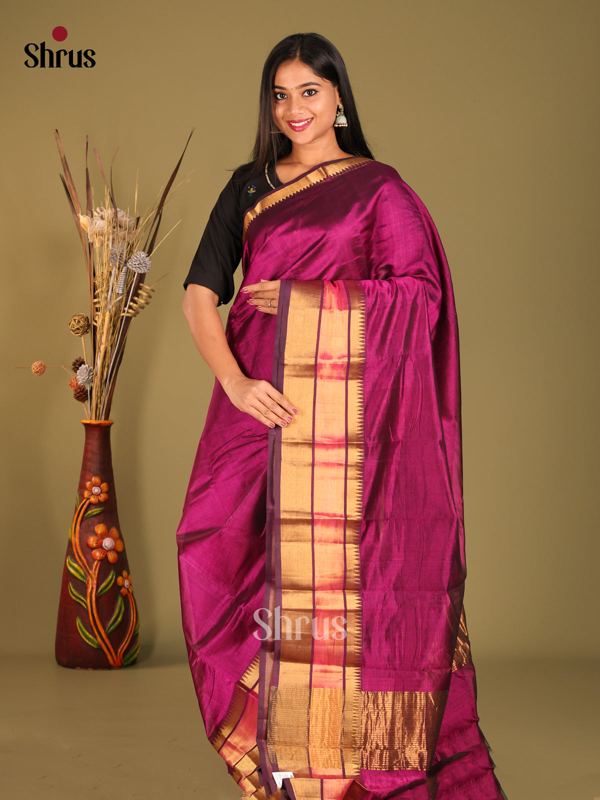 Purple single tone Mangalagiri silkcotton Saree with self zari border