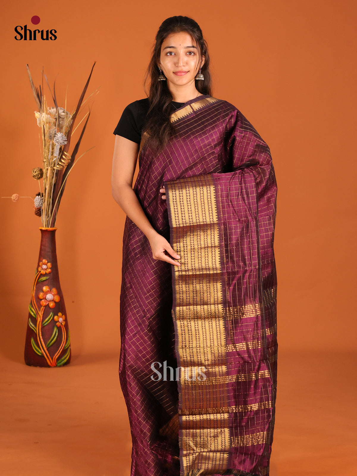 Wine single tone Mangalagiri silkcotton Saree with rich gold zari border - Shop on Shrus.com