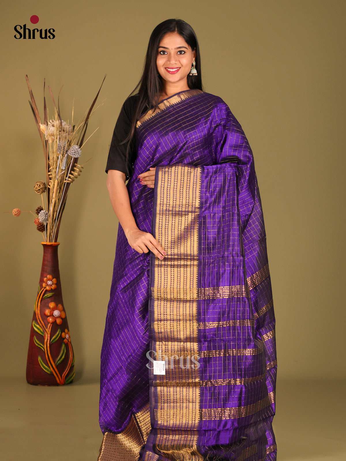Violet single tone Mangalagiri silkcotton Saree with zari checks