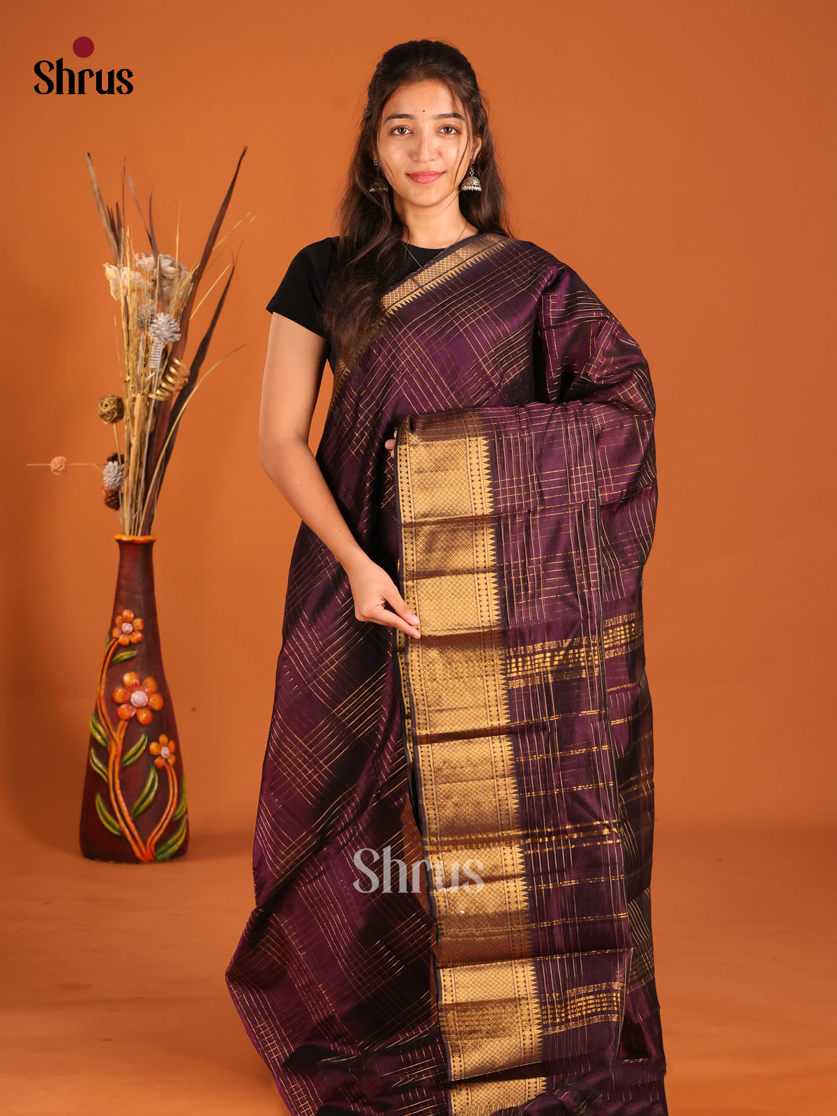 Jamun single tone Mangalagiri silkcotton Saree with rich gold zari border