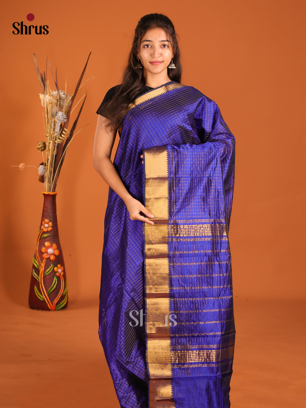 Blue Single Tone Mangalagiri silkcotton Saree with zari checks