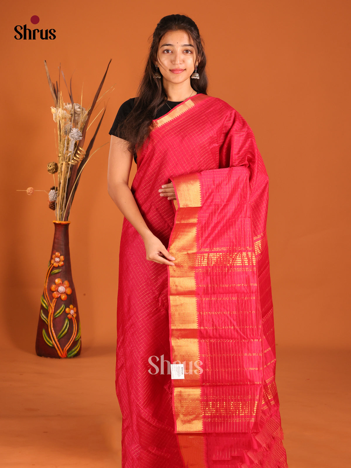 Red single tone Mangalagiri silkcotton Saree with zari checks