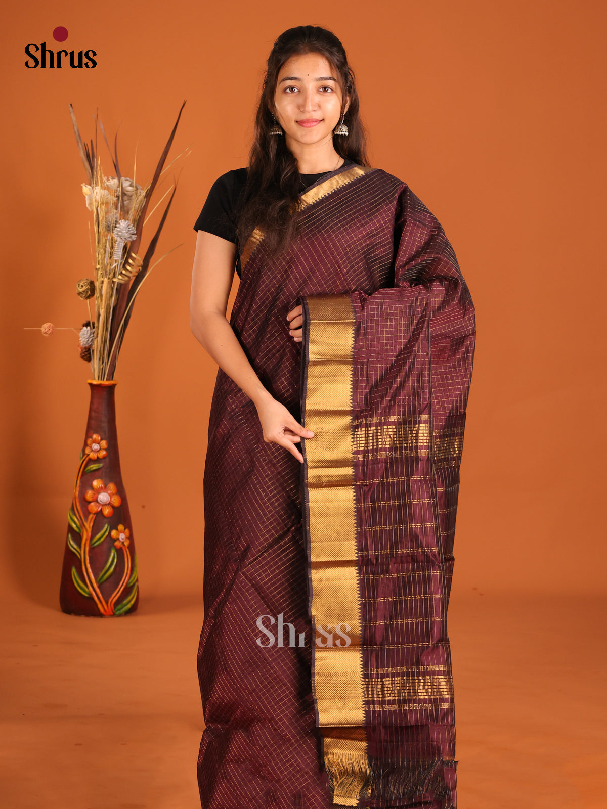 Brown single Tone Mangalagiri silkcotton Saree with zari checks