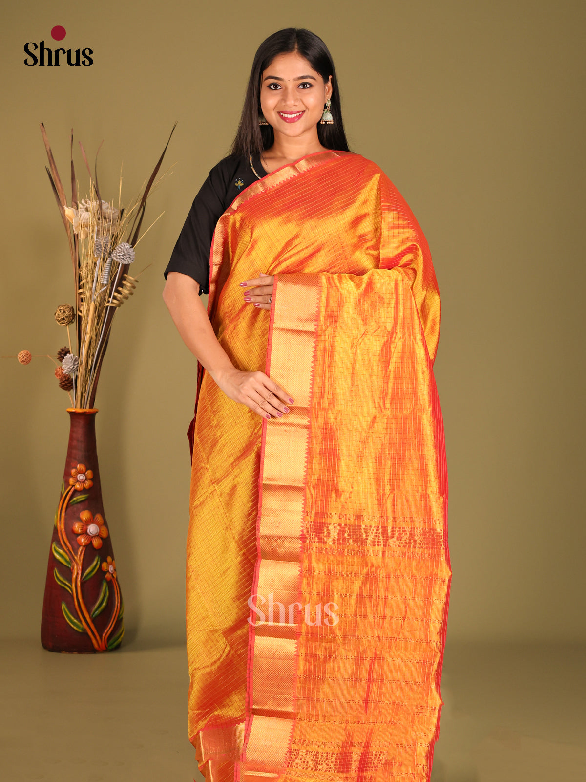Orange single tone Mangalagiri silkcotton Saree with zari kattam