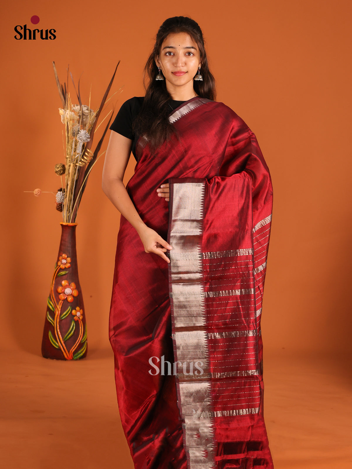 Maroon single Tone Mangalagiri silkcotton Saree with self zari border