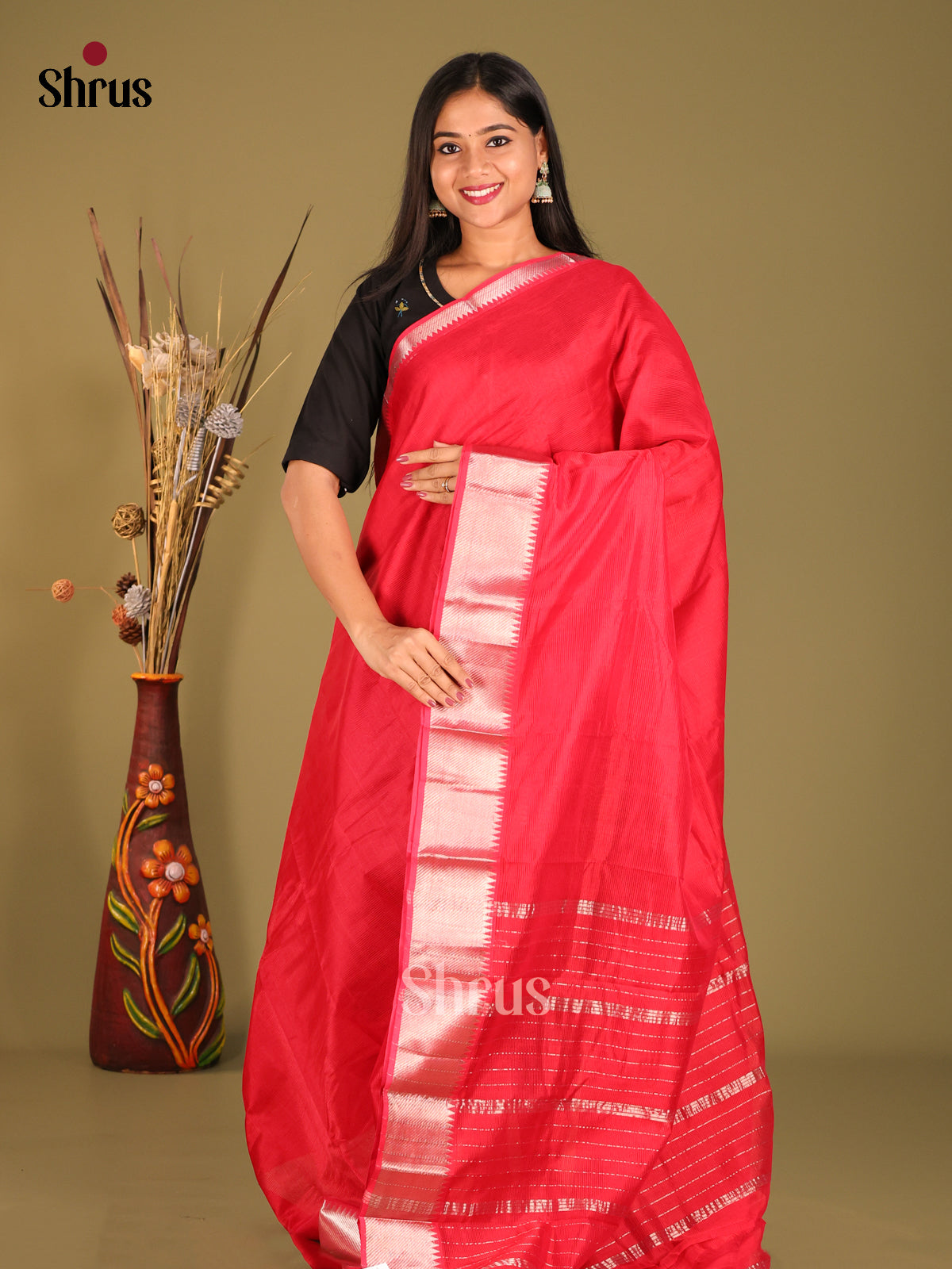 Red Single Tone Mangalagiri silkcotton Saree with self zari border