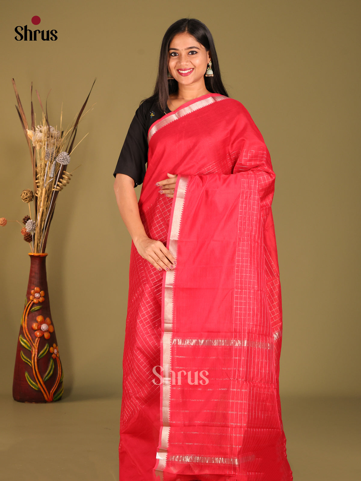 Red Single tone Mangalagiri silkcotton Saree with zari checks
