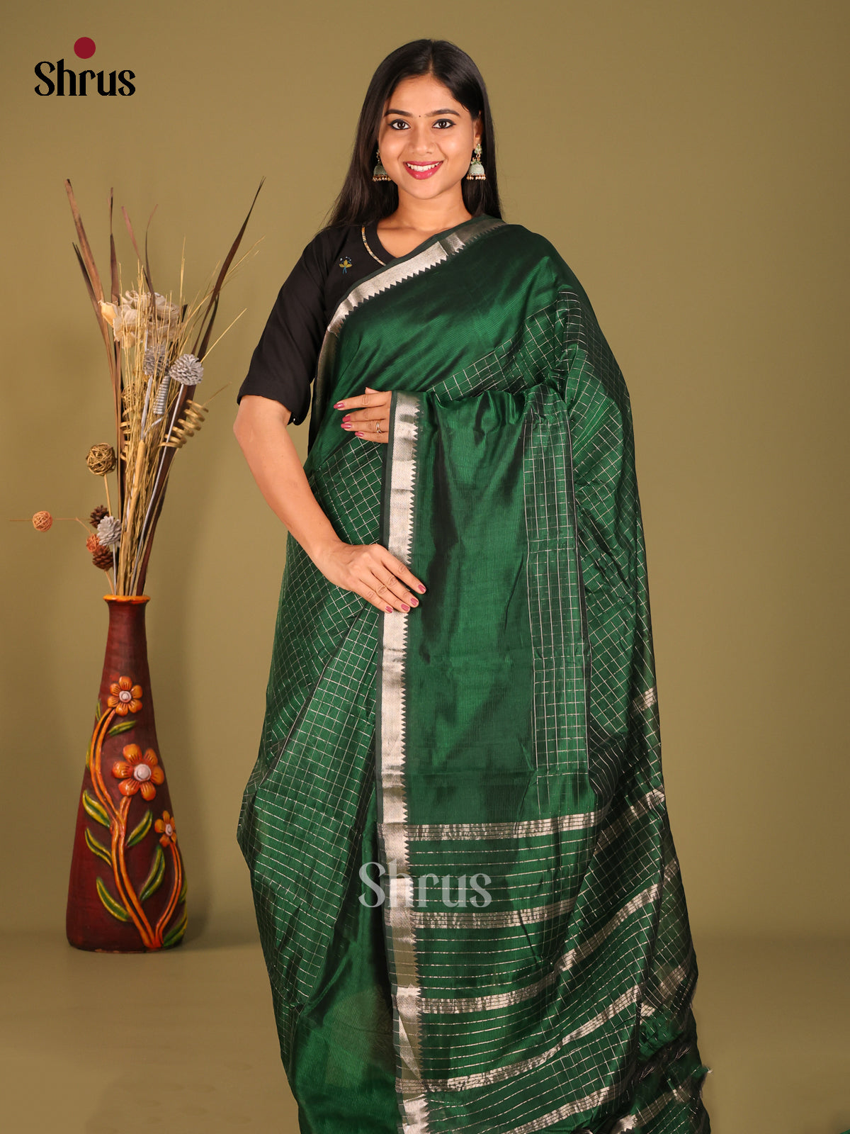 Green single tone Mangalagiri silkcotton Saree with zari checks