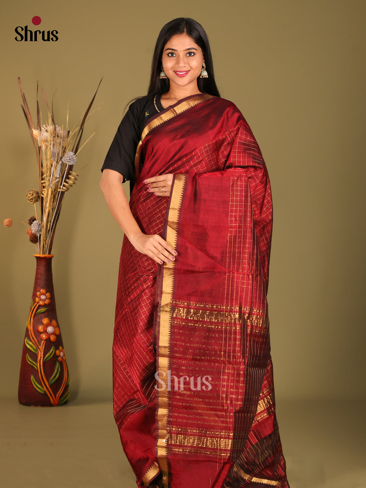 Maroon Single Tone Mangalagiri silkcotton Saree gleams with zari checks - Shop on Shrus.com