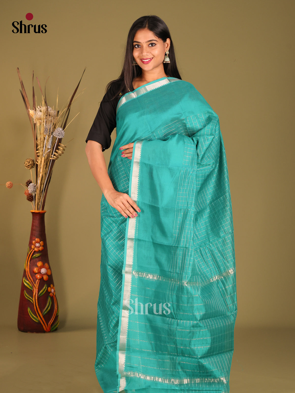 Green(Single Tone) Mangalagiri silkcotton Saree with zari checks