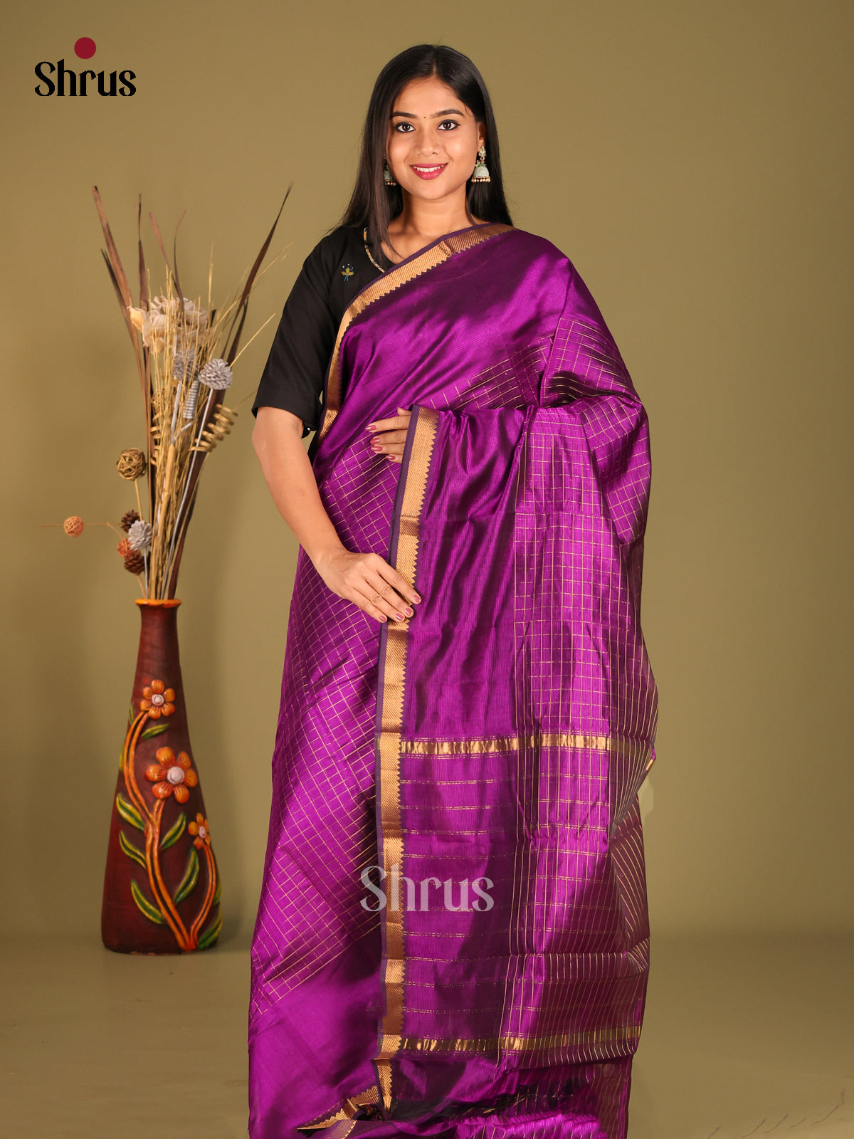 Vadamalli (Single Tone) Mangalagiri silkcotton Saree with zari checks - Shop on Shrus.com