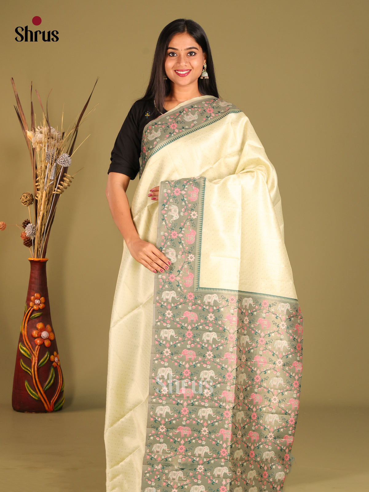 Cream & Green - Semi matka Saree