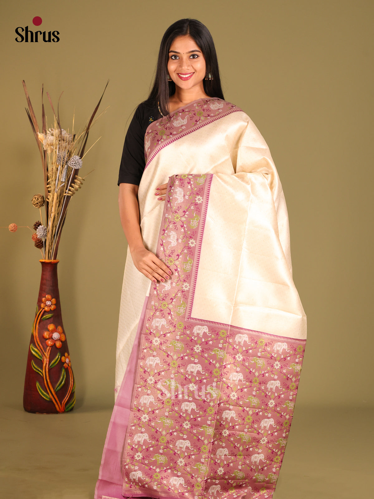 Cream & Pink - Semi matka Saree