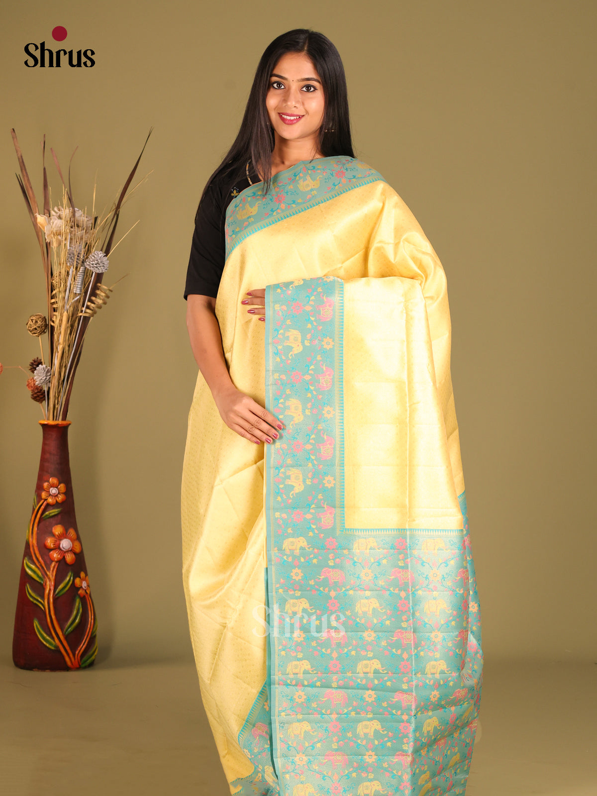 yellow & Blue - Semi matka Saree - Shop on Shrus.com
