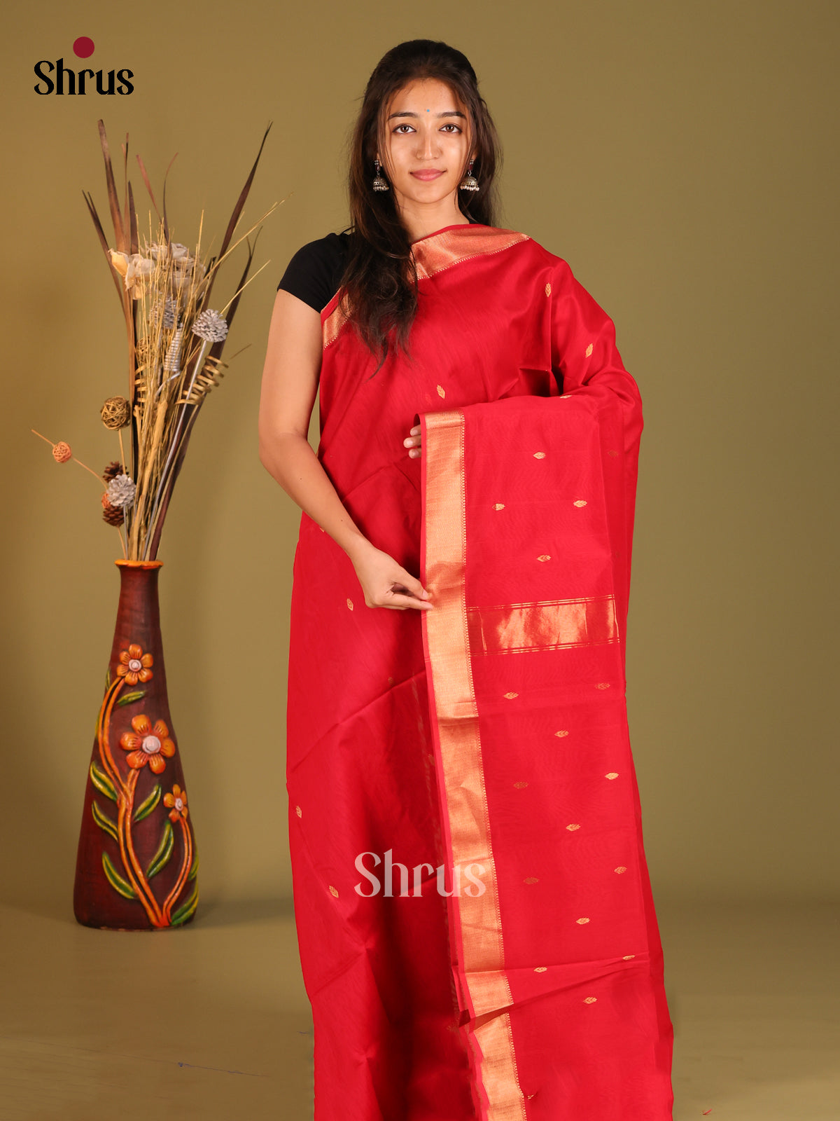 Red(Single Tone)- Maheshwari silkcotton Saree - Shop on Shrus.com