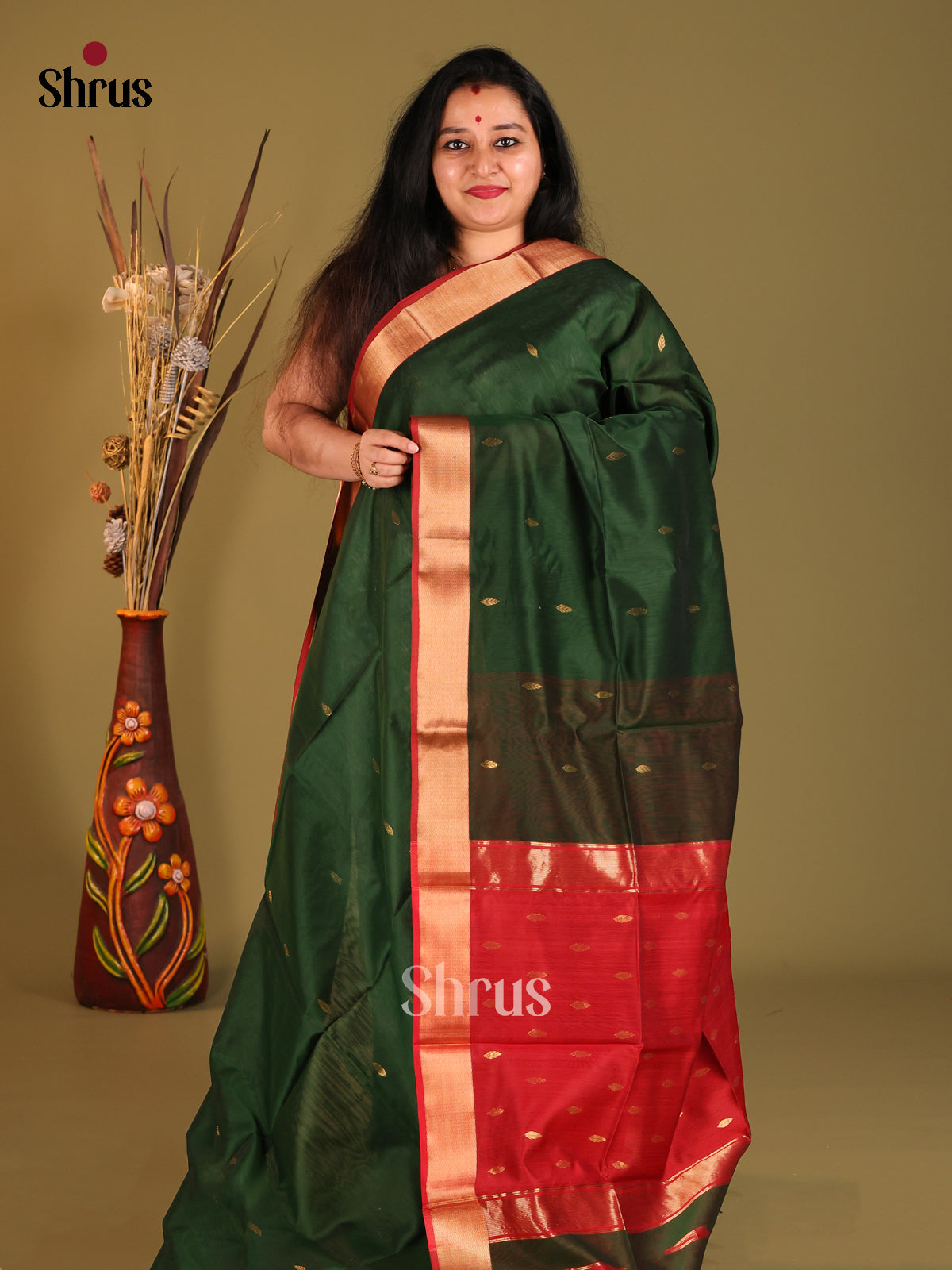 Green & Red - Maheshwari silkcotton Saree - Shop on Shrus.com