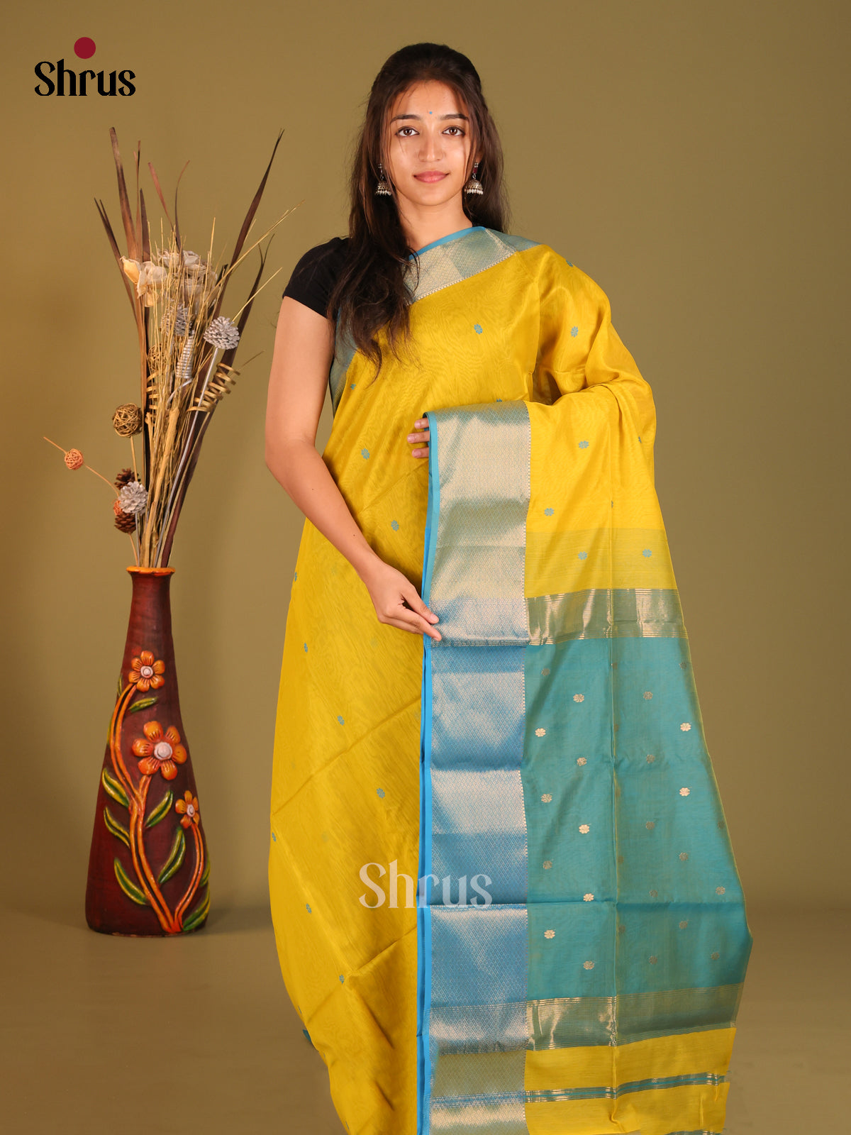 Yellow & Blue - Maheshwari silkcotton Saree - Shop on Shrus.com