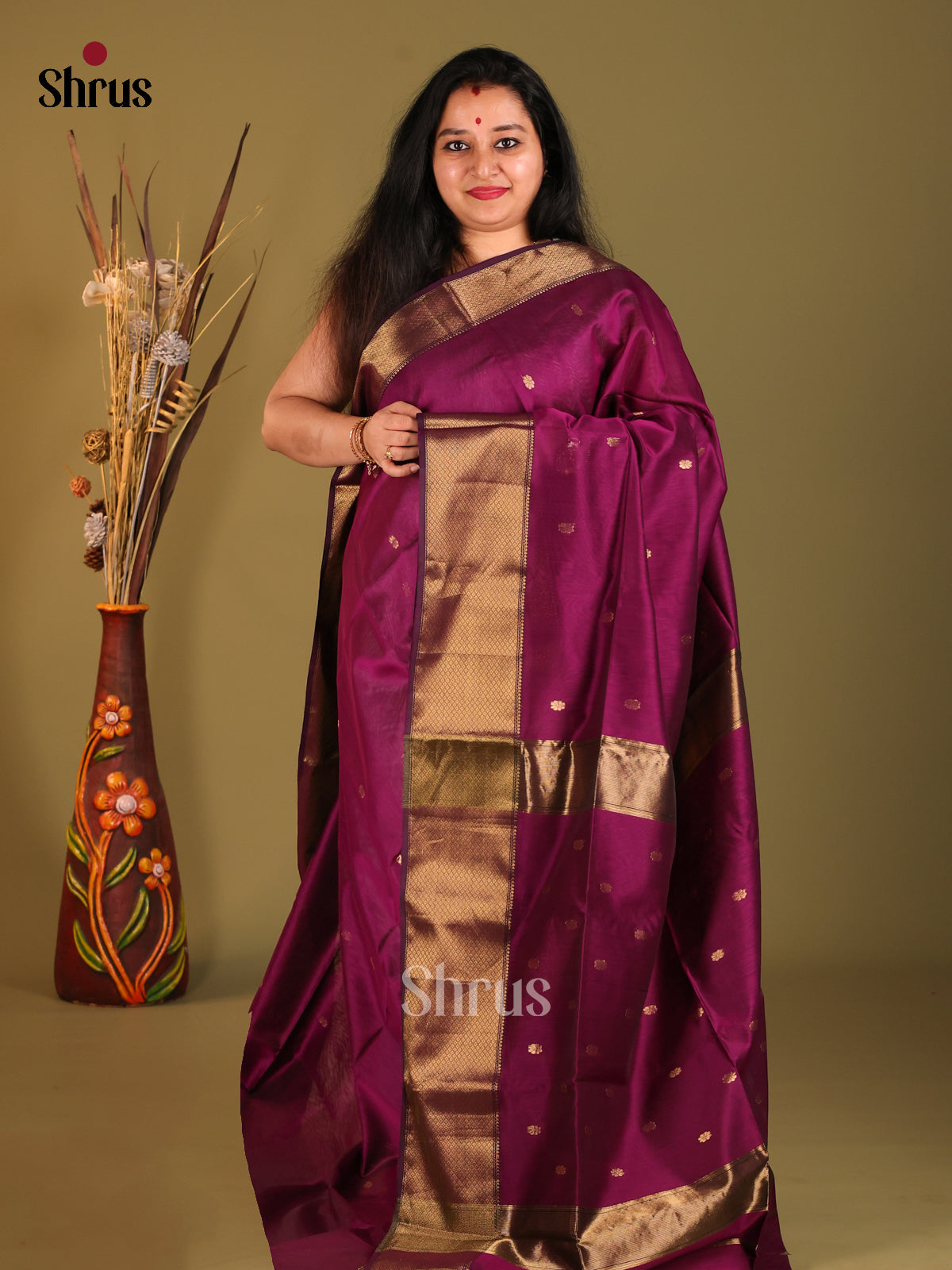 Purple - Maheshwari silkcotton Saree - Shop on Shrus.com