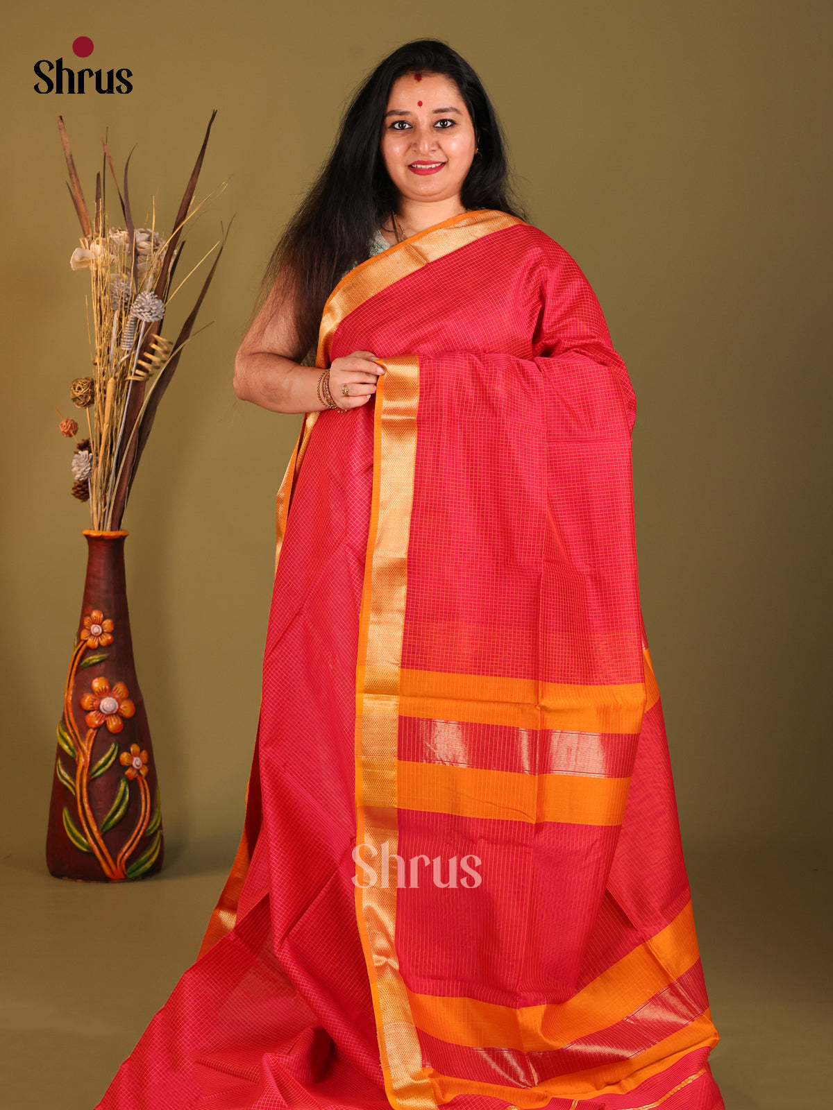 Pink & Mustard - Maheshwari silkcotton Saree - Shop on Shrus.com