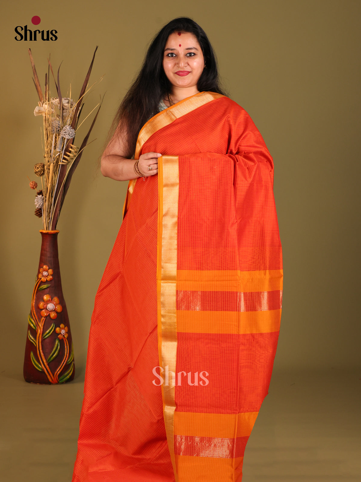 Orange & Mustard - Maheshwari silkcotton Saree - Shop on Shrus.com