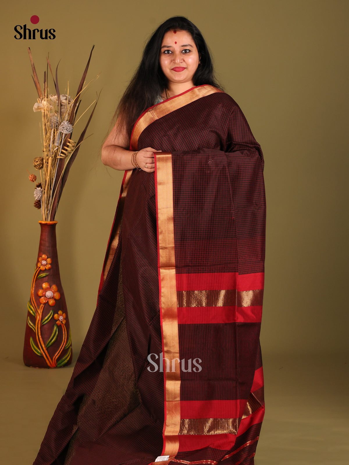 Brown & Red - Maheshwari silkcotton Saree