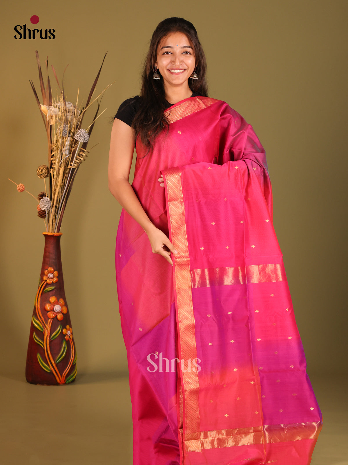 Pink - Maheshwari silkcotton Saree - Shop on Shrus.com