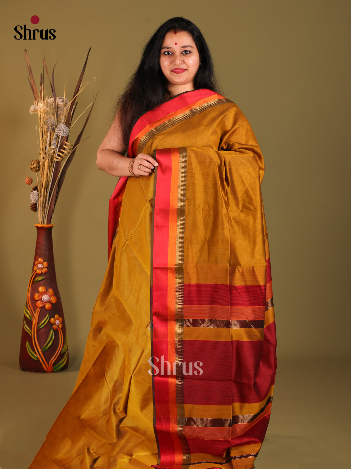 Mustard & Red - Maheshwari silkcotton Saree - Shop on Shrus.com
