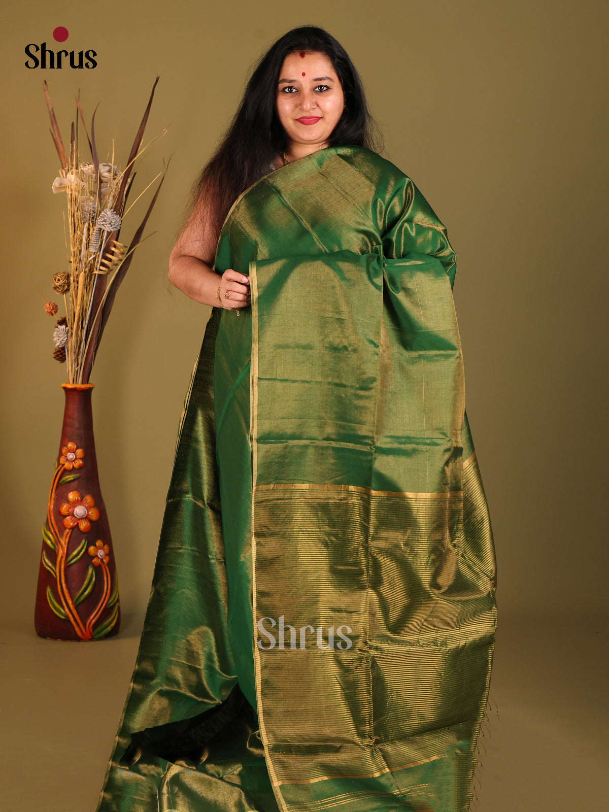 Green - Maheshwari silkcotton Saree - Shop on Shrus.com
