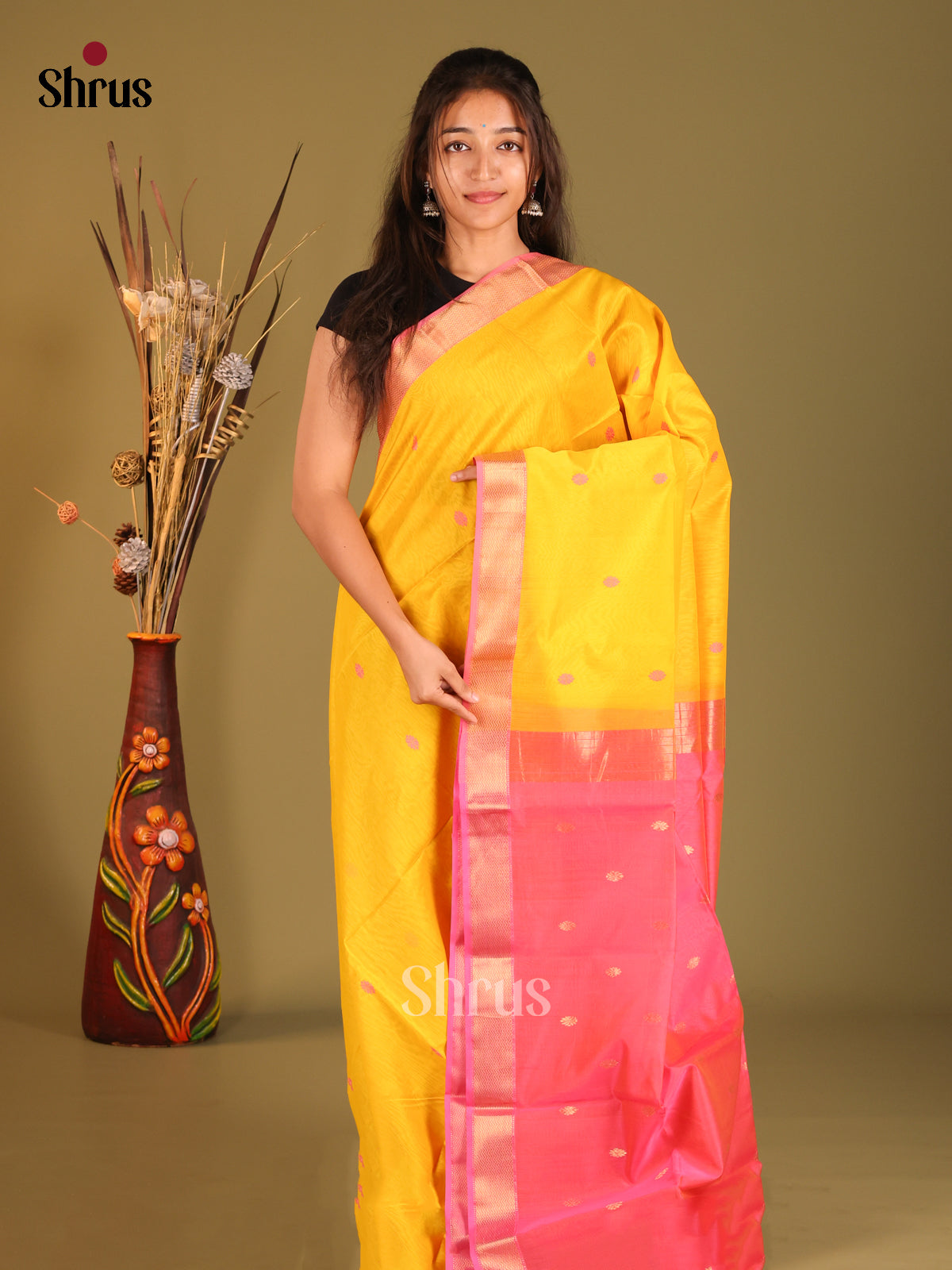 Yellow & Pink Maheshwari silkcotton Saree