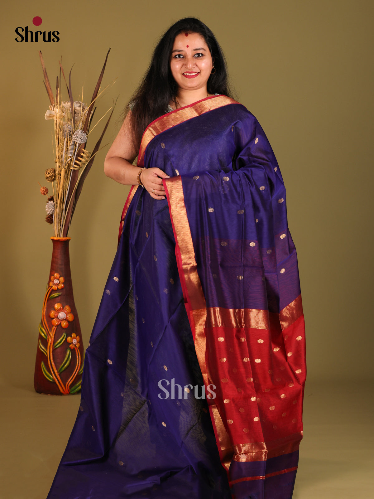 Blue & Red - Maheshwari silkcotton Saree